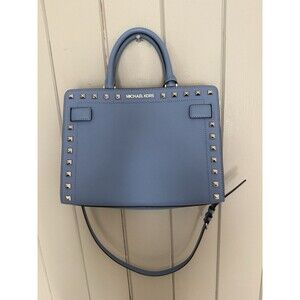 Michael Kors Rayne Medium Studded Saffiano Leather Satchel LIght Blue Color